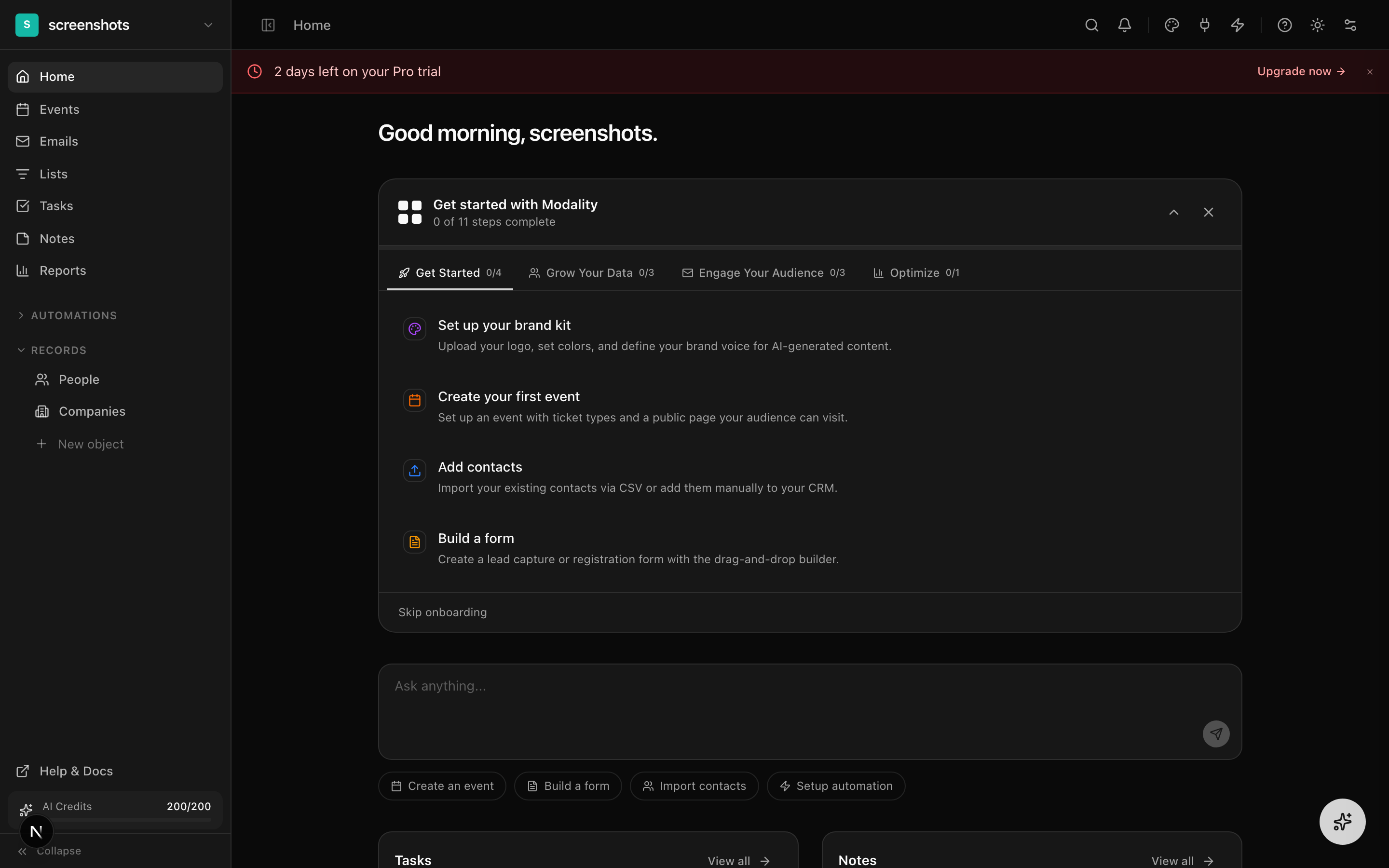Dashboard home page showing workspace overview with stats and AI assistant
