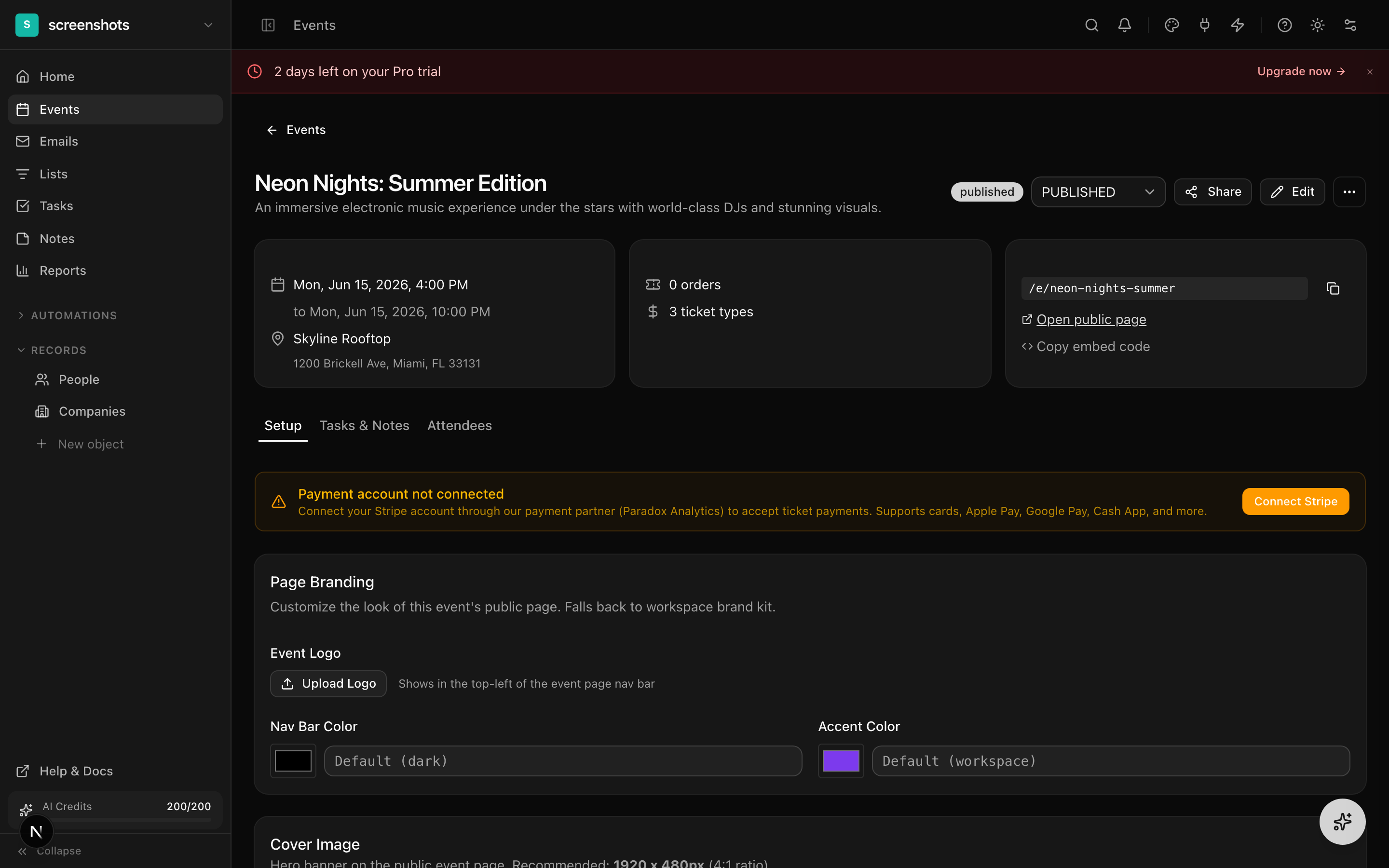 Event detail page showing title, description, dates, venue, ticket types, and settings