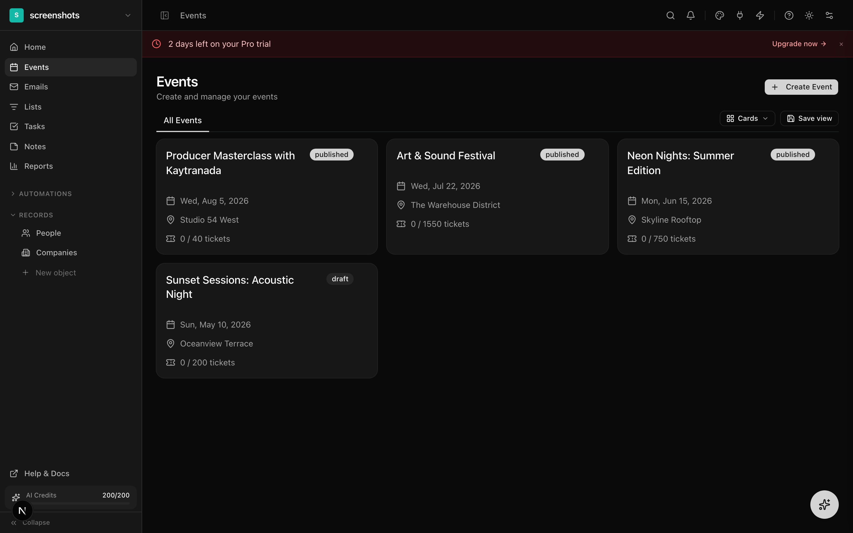 Events list page showing multiple events with status badges, ticket counts, and date information