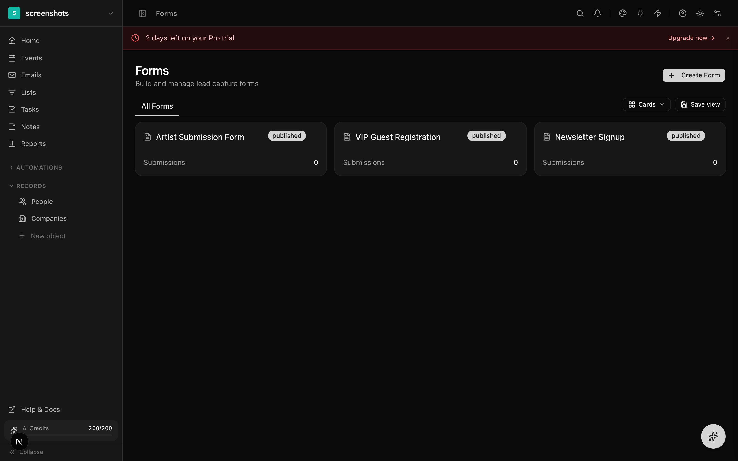 Forms list page showing forms with submission counts and status