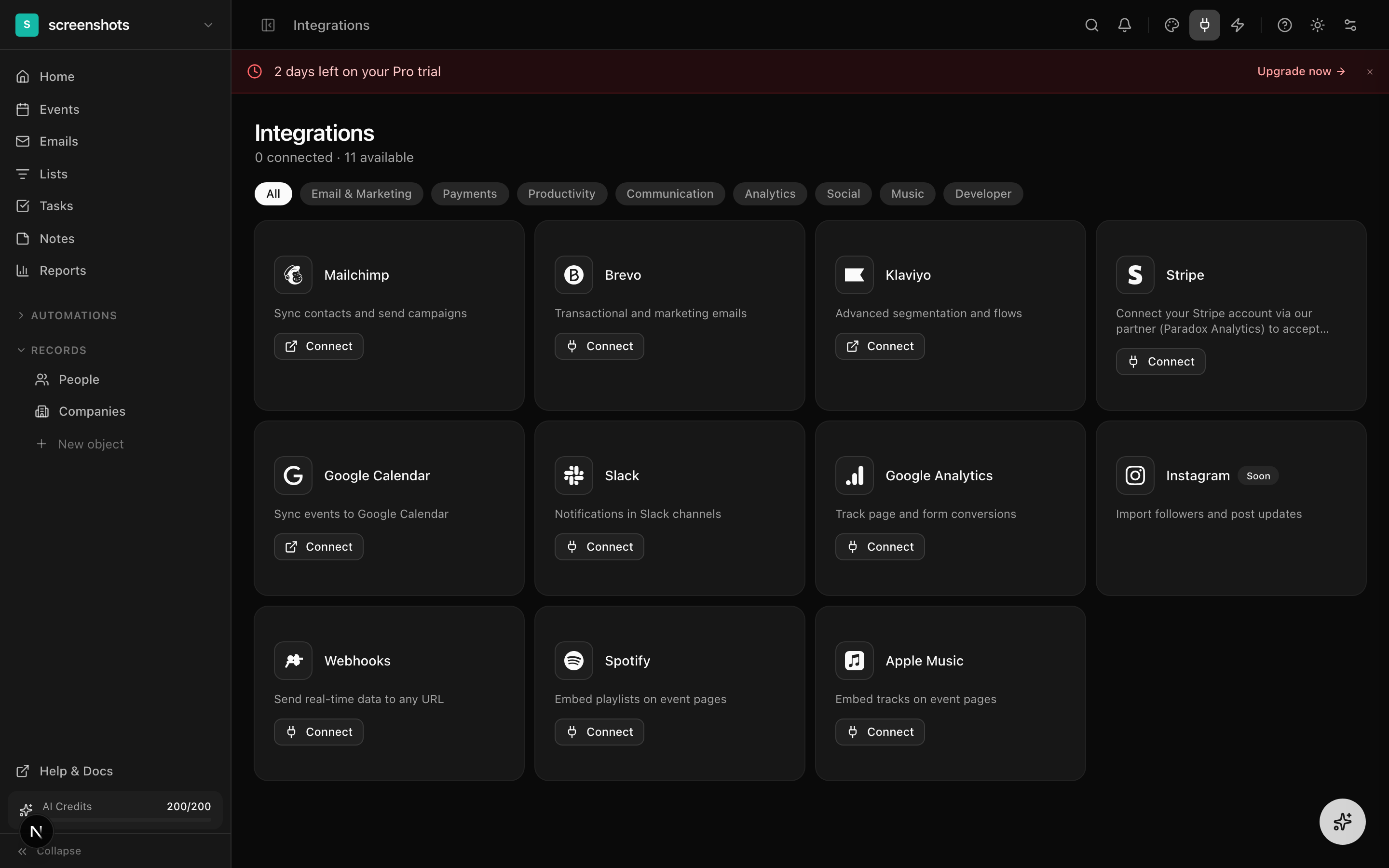 Integrations page showing cards for Stripe, Brevo, Mailchimp, Klaviyo with connect/disconnect buttons